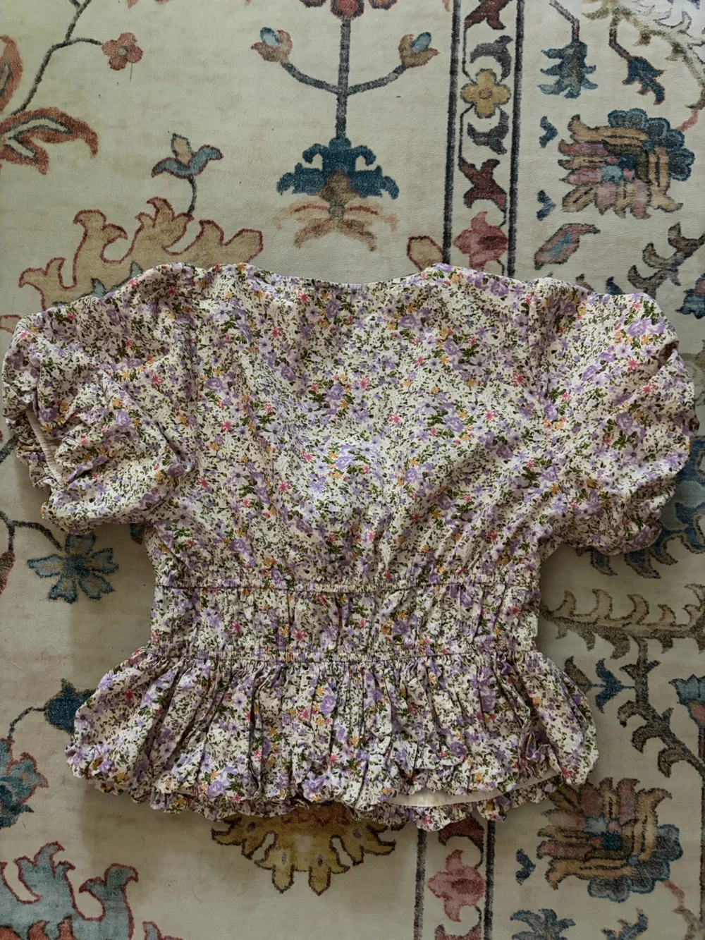 Astr Lilac Floral Smocked Peplum Tie-Front Blouse